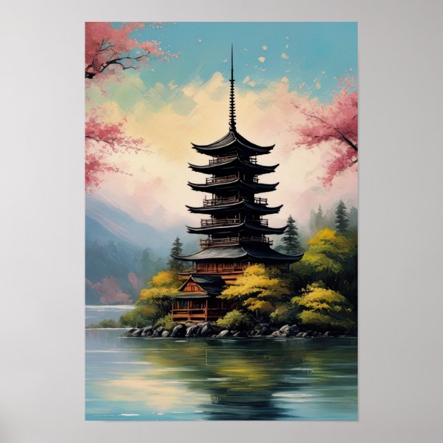 Japanese Pagoda on Rocky Shore Poster (Front)