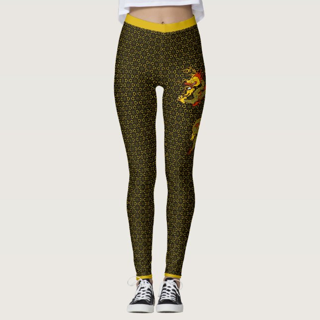 Japanese Pattern & Dragon Black Leggings (Front)