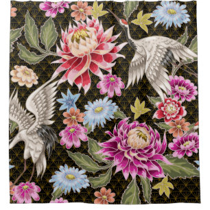 Japanese pattern with flowers and white cranes