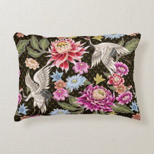 Japanese pattern with flowers and white cranes accent pillow