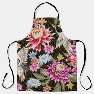 Japanese pattern with flowers and white cranes apron