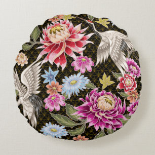 Japanese pattern with flowers and white cranes round pillow