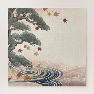 Japanese Pine Maple Leaves Autumn Waves Jigsaw Puzzle