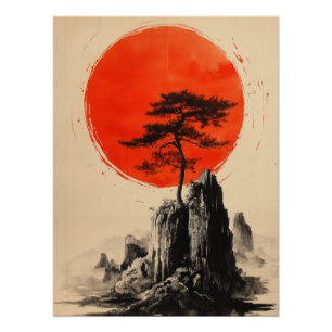 Japanese Pine Tree & Red Sun   Minimalist Zen Art Poster