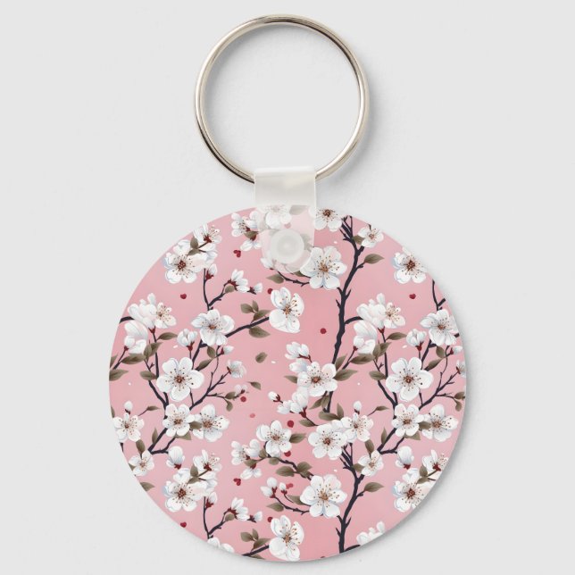 Japanese Pink Cherry Blossom Sakura Floral Spring  Keychain (Front)