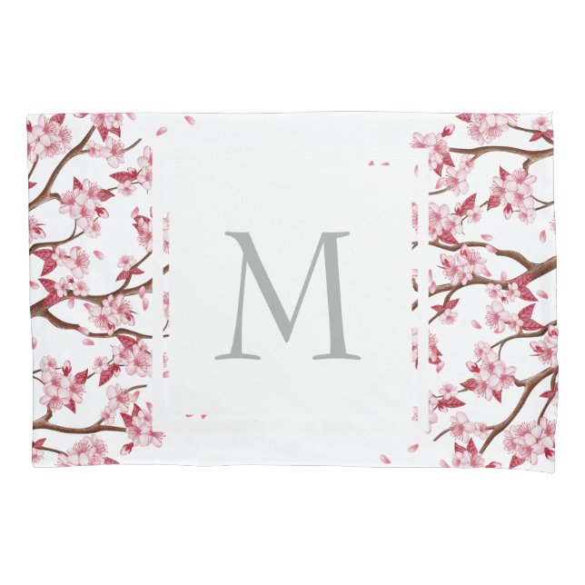 Japanese Pink Cherry Blossoms - Monogrammed Pillowcase (Front)