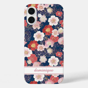Japanese Pink Floral Pattern Monogrammed iPhone 16 Plus Case