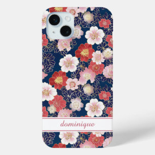 Japanese Pink Floral Pattern Monogrammed iPhone 15 Mini Case