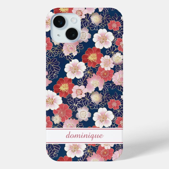 Japanese Pink Floral Pattern Monogrammed Case-Mate iPhone Case (Back)