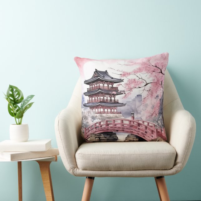 Japanese Pink Sakura Pagoda and Bridge  Throw Pillow (Chair)