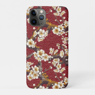Japanese Plum Blossom Coral Cream Burgundy Pattern iPhone 11 Pro Case
