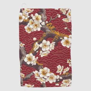 Japanese Plum Blossom Coral Cream Burgundy Pattern Golf Towel