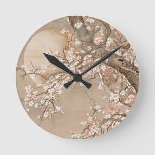 Japanese plum blossoms in moonlight by Sō Shizan Round Clock