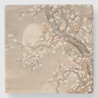 Japanese plum blossoms in moonlight by Sō Shizan Stone Coaster