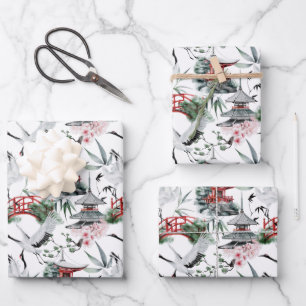 Japanese Pogoda, Bridge, Cranes and Blossoms Wrapping Paper Sheet