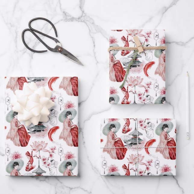 Japanese Pogoda, Geisha , Cranes and Koi Wrapping Paper Sheet (Front)