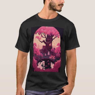 Japanese Pond Cherry Blossom Shrine painting style T-Shirt
