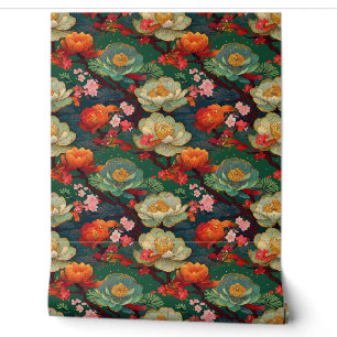 Japanese ponies on emerald wallpaper