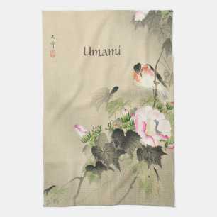 Japanese print Botanical Rose and Bird Kitchen Towel