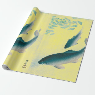 JAPANESE PRINT OF FISH SWIMMING YELLOW WRAPPING WRAPPING PAPER
