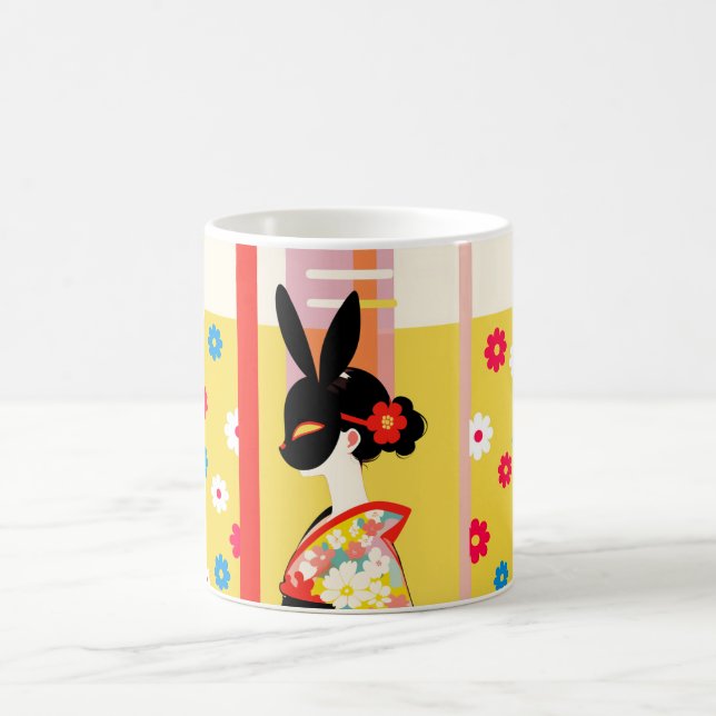 Japanese Rabbit Mask – Retro Floral Mug (Center)