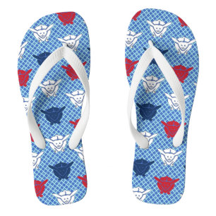 Japanese rabbit print, blue with red and white flip flops