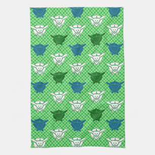 Japanese rabbit print, green, blue and white kitchen towel