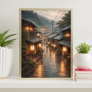 Japanese Rainy Street Poster | Kyoto Night Wall