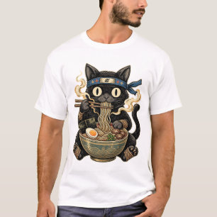 Japanese Ramen Cat – Cute Black Cat Eating Noodles T-Shirt