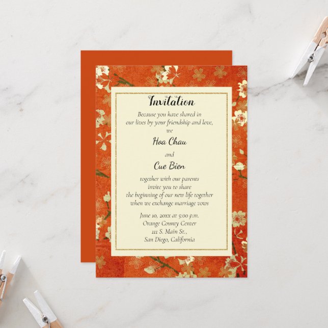 Japanese Red and Gold Floral Invitation Wedding  (Front/Back In Situ)