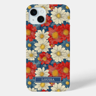 Japanese Red Floral Pattern Monogrammed iPhone 15 Mini Case