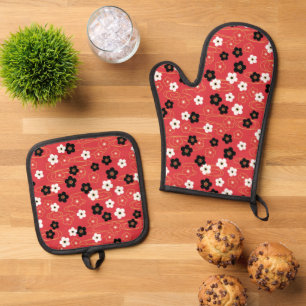 Japanese Red Sakura Cherry Blossom Flowers Oven Mitt & Pot Holder Set