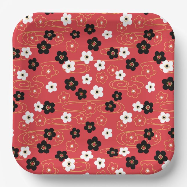 Japanese Red Sakura Cherry Blossom Flowers Paper Plate (Front)