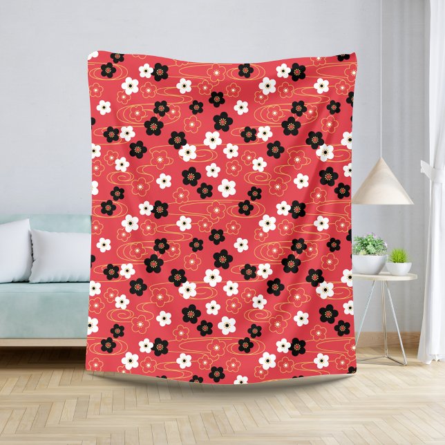 Japanese Red Sakura Cherry Blossom Flowers Sherpa Blanket (Creator Uploaded)