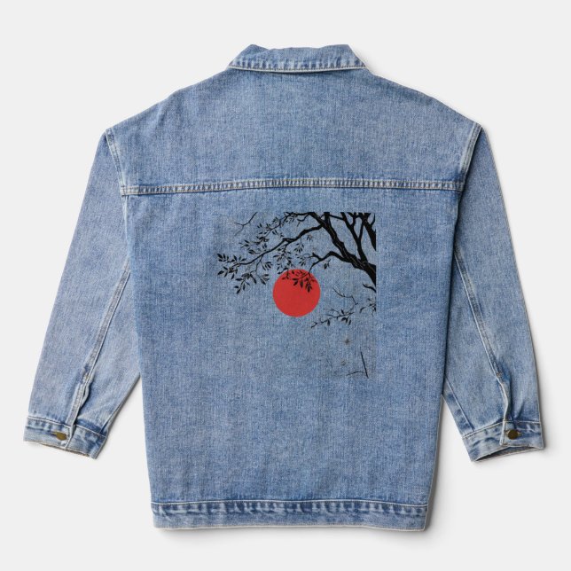Japanese Red Sun & Brush Tree Art Denim Jacket (Back)