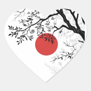 Japanese Red Sun & Brush Tree Art Heart Sticker