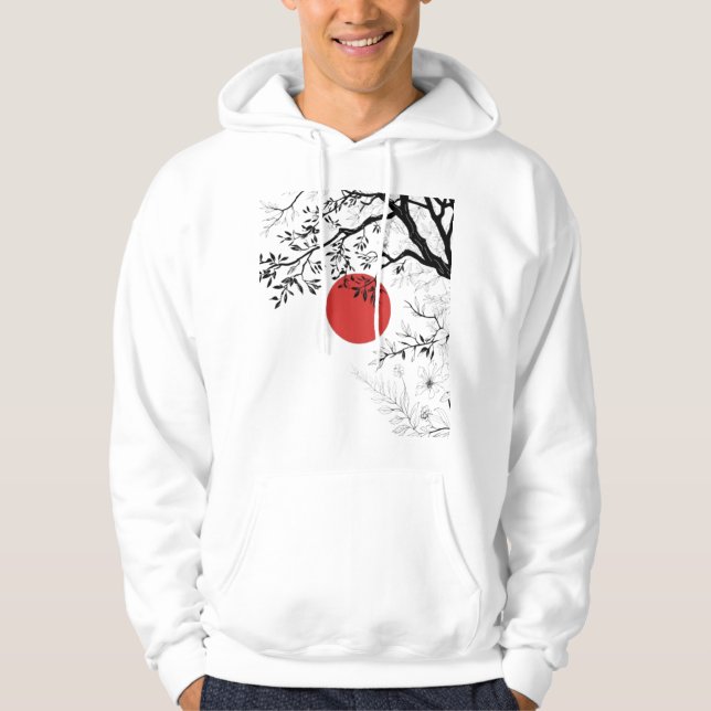 Japanese Red Sun & Brush Tree Art Hoodie (Front)
