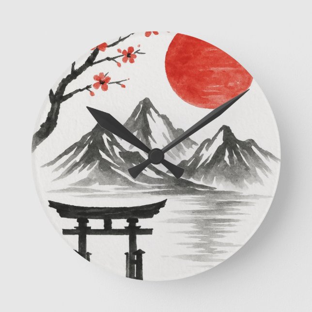 Japanese Red Sun Mountain Landscape Accent Mug Round Clock (Front)