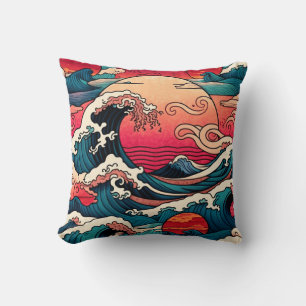 Japanese Red Sunset Ocean Wave Art Throw Pillow
