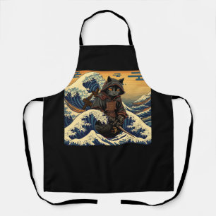 Japanese Retro Samurai Cat The Great Wave By Hokus Apron