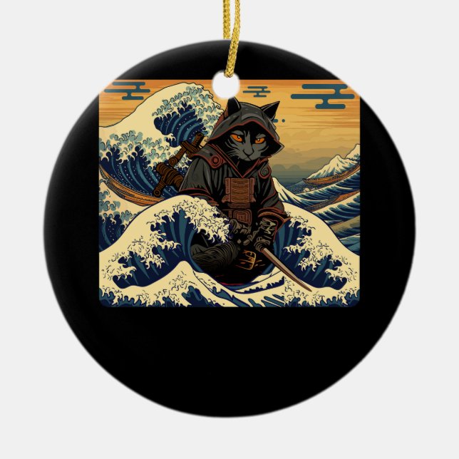 Japanese Retro Samurai Cat The Great Wave By Hokus Ceramic Ornament (Front)