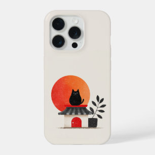Japanese Retro Sunset Black Cat Rooftop iPhone 15 Pro Case