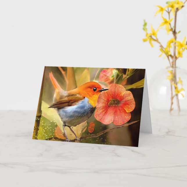 Japanese Robin Greeting Card (Yellow Flower)