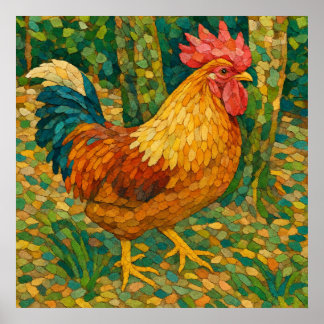 Japanese Rooster Chigiri-e Style Poster
