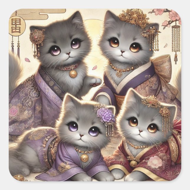 Japanese Royal Grey Cats Square Sticker (Front)