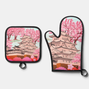 Japanese Sakura Castle Art – Cherry Blossom Spring Oven Mitt & Pot Holder Set