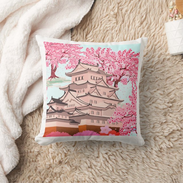 Japanese Sakura Castle Art – Cherry Blossom Spring Throw Pillow (Blanket)