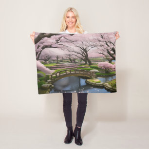 Japanese Sakura Cherry Blossom Garden Landscape Fleece Blanket