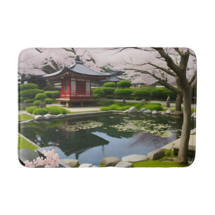 Japanese Sakura Cherry Blossom Garden Shrine Pond Bath Mat