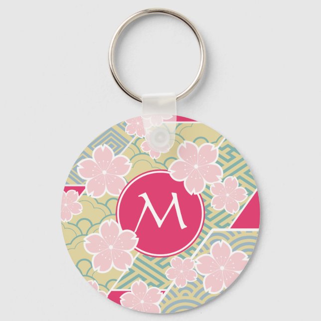 Japanese Sakura Cherry Blossoms Geometric Patterns Keychain (Front)